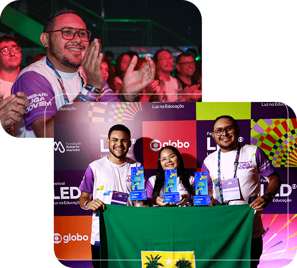 Educadores e estudantes celebrando conquistas em eventos do Instituto Ideias do Futuro.